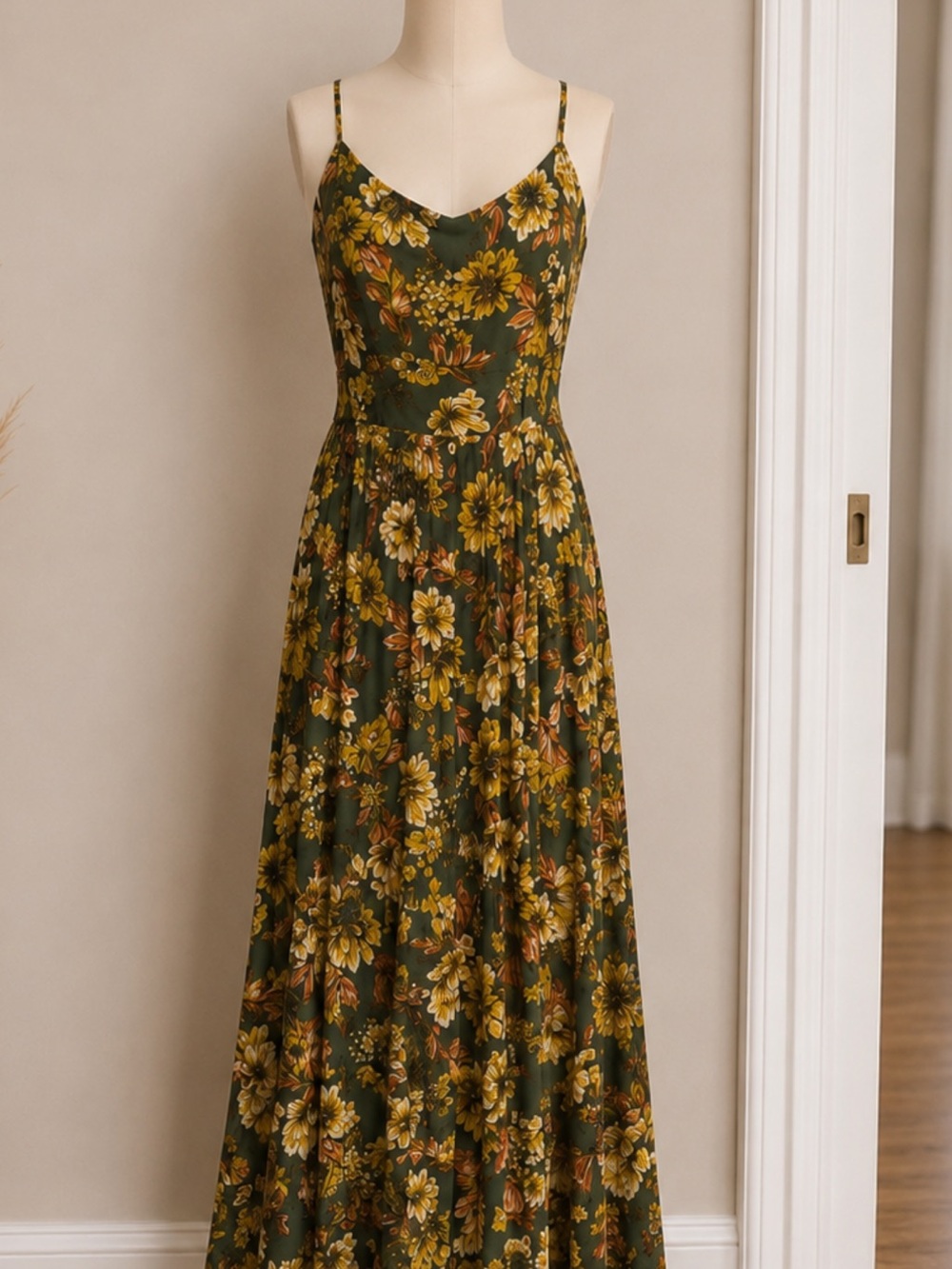 Dex Olive Green Floral Maxi Dress with Yellow Blooms